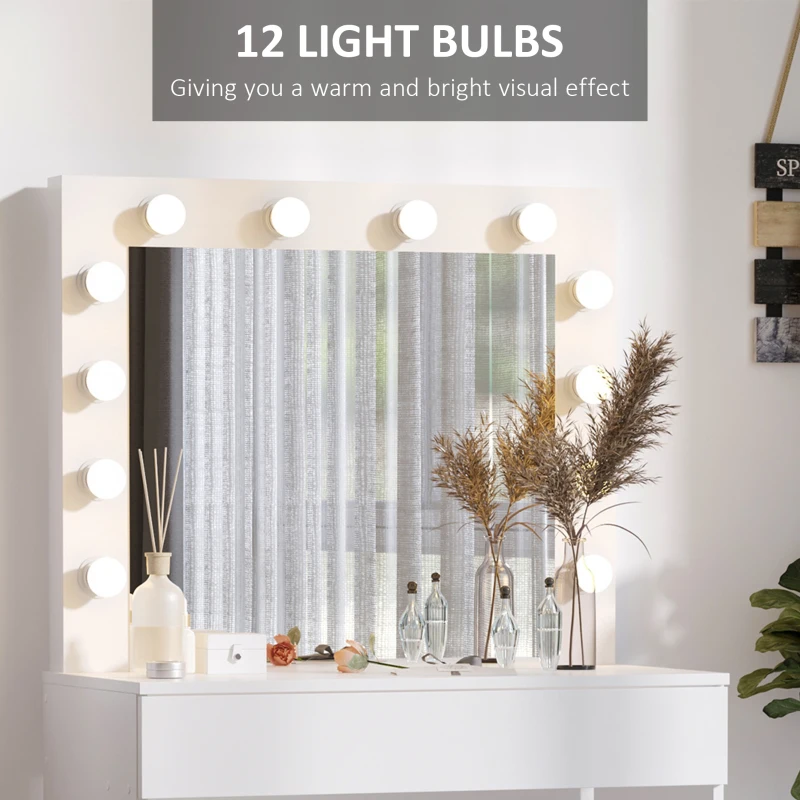 Homcom Masa Machiaj cu 12 LED & Scaun Tapitat, Alb