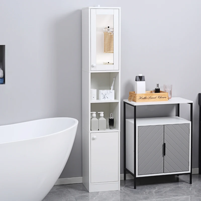 kleankin Tall Bathroom Storage Cabinet with Mirror, Narrow Bathroom Unit, Freestanding Bathroom Cupboard with Adjustable Shelves and 2 Doors, White