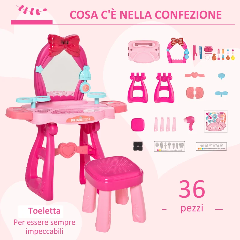 HOMCOM Toeletta Tavolo Trucco con Sgabello e Accessori per Bimbi da 3 Anni, Specchio con Luci e Musiche Integrate, Rosa e Rosso