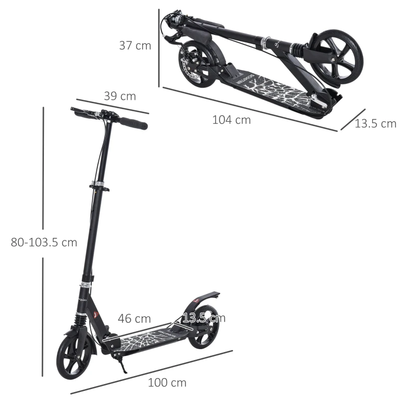 HOMCOM Monopattino Pieghevole in Alluminio con Freno a Disco, Manubrio Regolabile e Ammortizzatore, 100x39x80-103.5cm, Nero