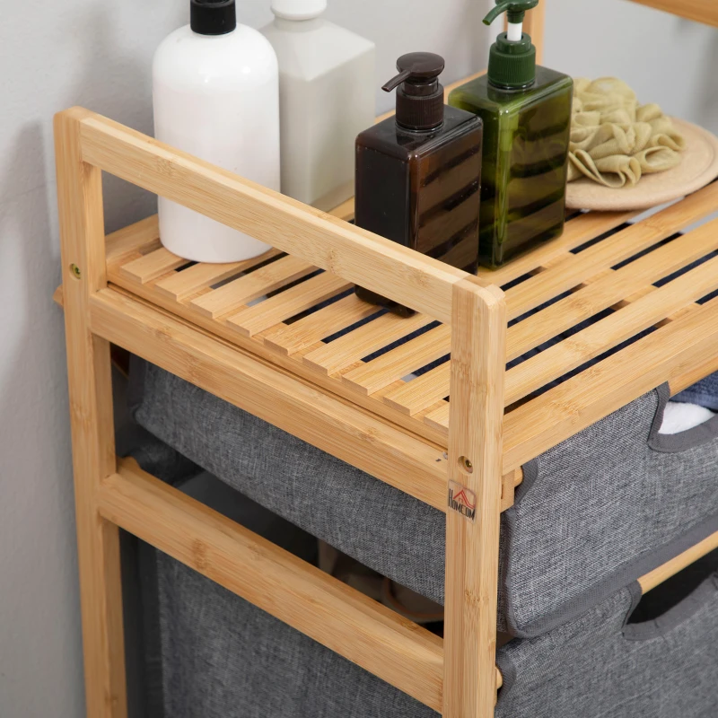 HOMCOM Cesto de Roupa de Bambu com 2 Bolsas de Tecido Amovíveis Prateleira Aberta 4 Rodas 42x35x84,5cm Cinza e Madeira