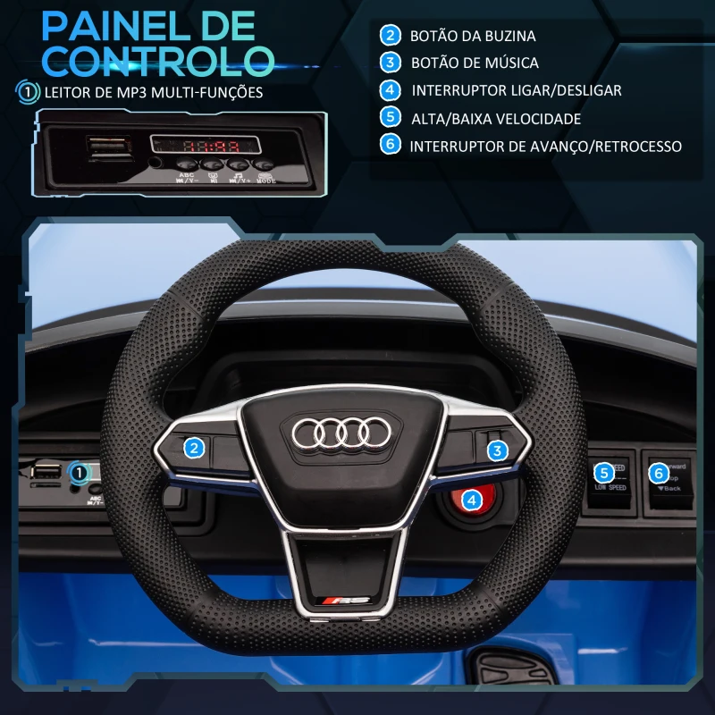 HOMCOM Carro Elétrico AUDI RS E-Tron GT 12V com 2 Motores Controlo Remoto Faróis LED Buzina Música USB 3-5km/h 103x58x41cm Azul