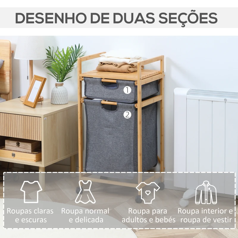 HOMCOM Cesto de Roupa de Bambu com 2 Bolsas de Tecido Amovíveis Prateleira Aberta 4 Rodas 42x35x84,5cm Cinza e Madeira