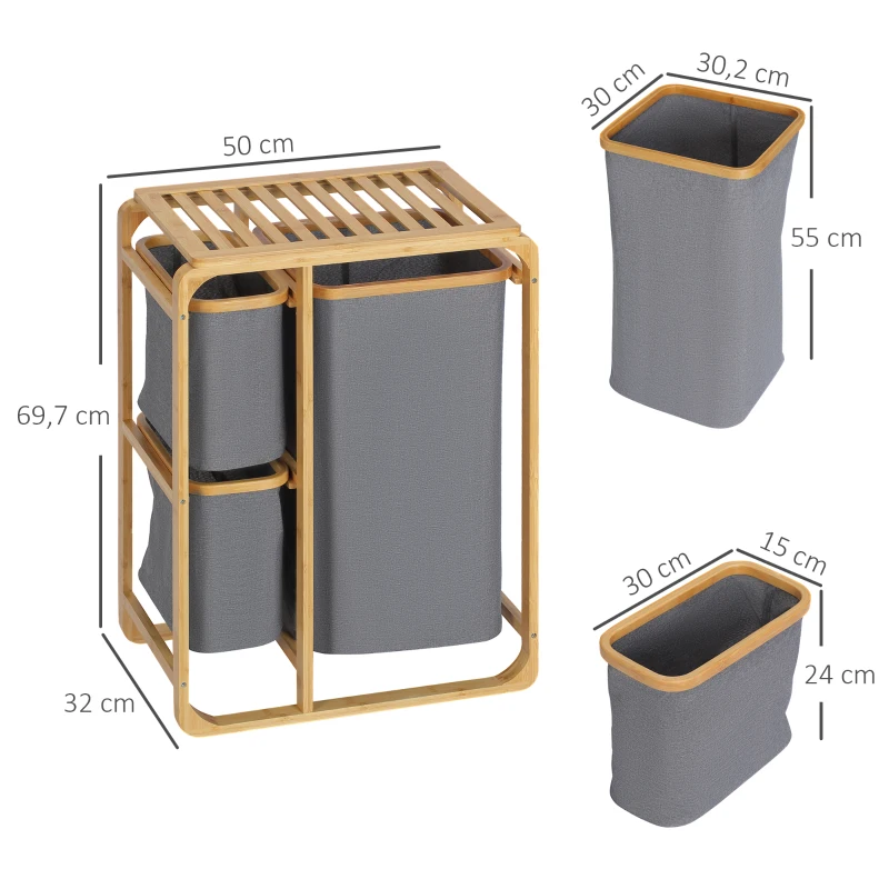 HOMCOM Cesto de Roupa de Bambu com 3 Bolsas de Tecido Amovíveis e Prateleira Aberta 50x32x69,7cm Cinza e Madeira