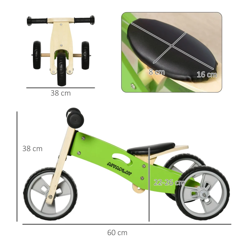 AIYAPLAY Bicicleta sem Pedais de Madeira 2 em 1 Triciclo Infantil com Assento Ajustável de 22-26cm  60x38x38cm Verde
