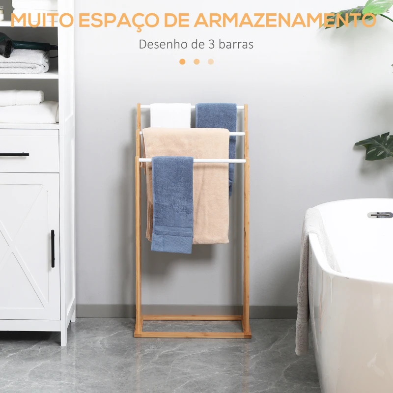 HOMCOM Toalheiro de Pé de Bambu com 3 Barras Toalheiro Independente de 3 Níveis para Casa de Banho 48x25,8x94cm Madeira
