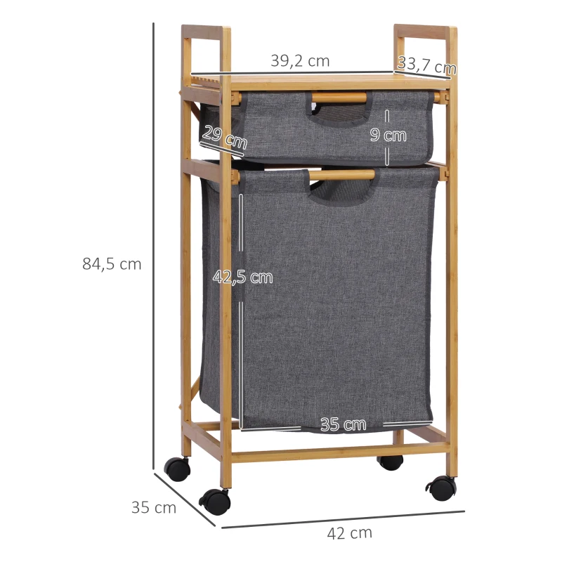 HOMCOM Cesto de Roupa de Bambu com 2 Bolsas de Tecido Amovíveis Prateleira Aberta 4 Rodas 42x35x84,5cm Cinza e Madeira