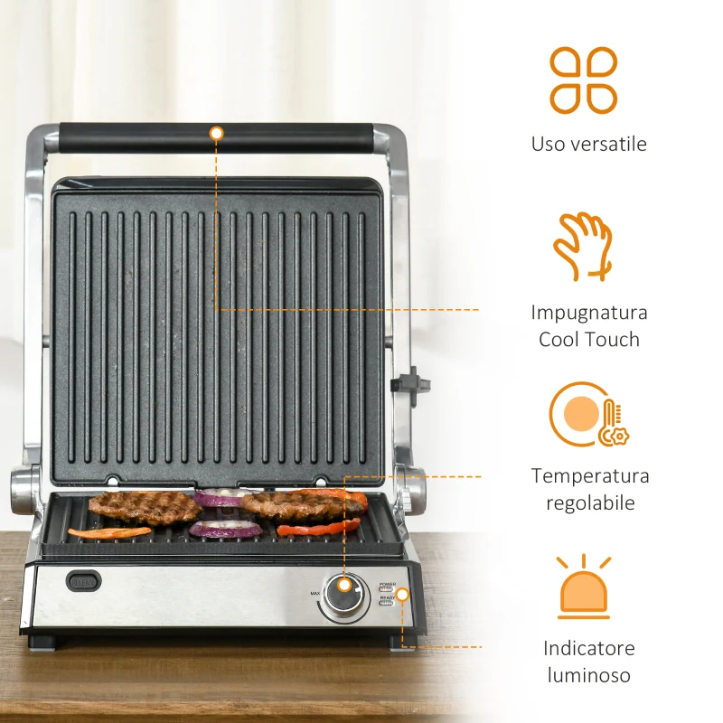 HOMCOM Piastra Elettrica 2000W Apribile a 180° in Alluminio e Acciaio, 29x51.6cm