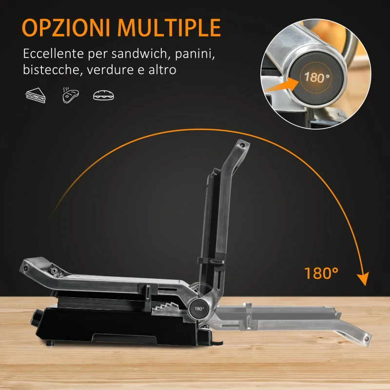 HOMCOM Piastra Elettrica 2000W Apribile a 180° in Alluminio e Acciaio, 29x51.6cm