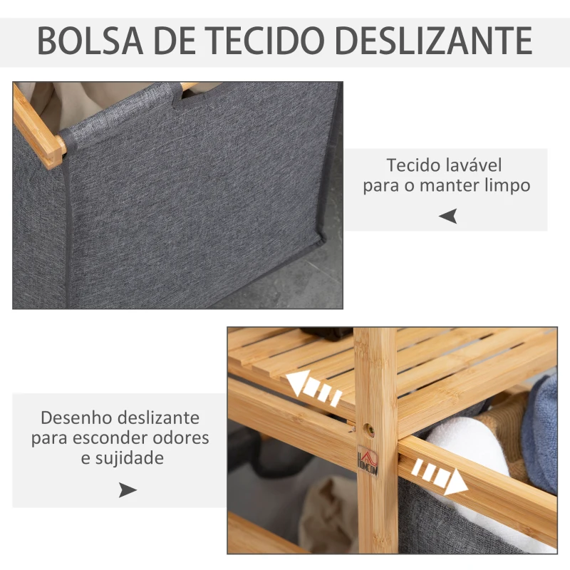 HOMCOM Cesto de Roupa de Bambu com 2 Bolsas de Tecido Amovíveis Prateleira Aberta 4 Rodas 42x35x84,5cm Cinza e Madeira