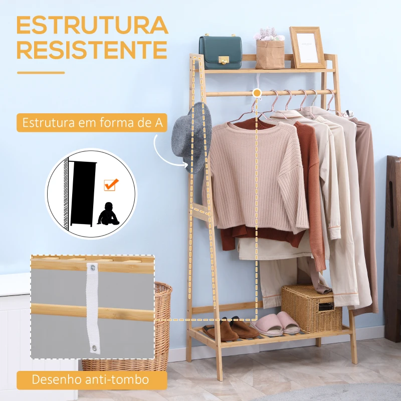 HOMCOM Suporte para Cabides de Bambu com 2 Prateleiras Abertas Barra e Ganchos Laterais para Roupa Bolsas 82x36,8x140cm Madeira