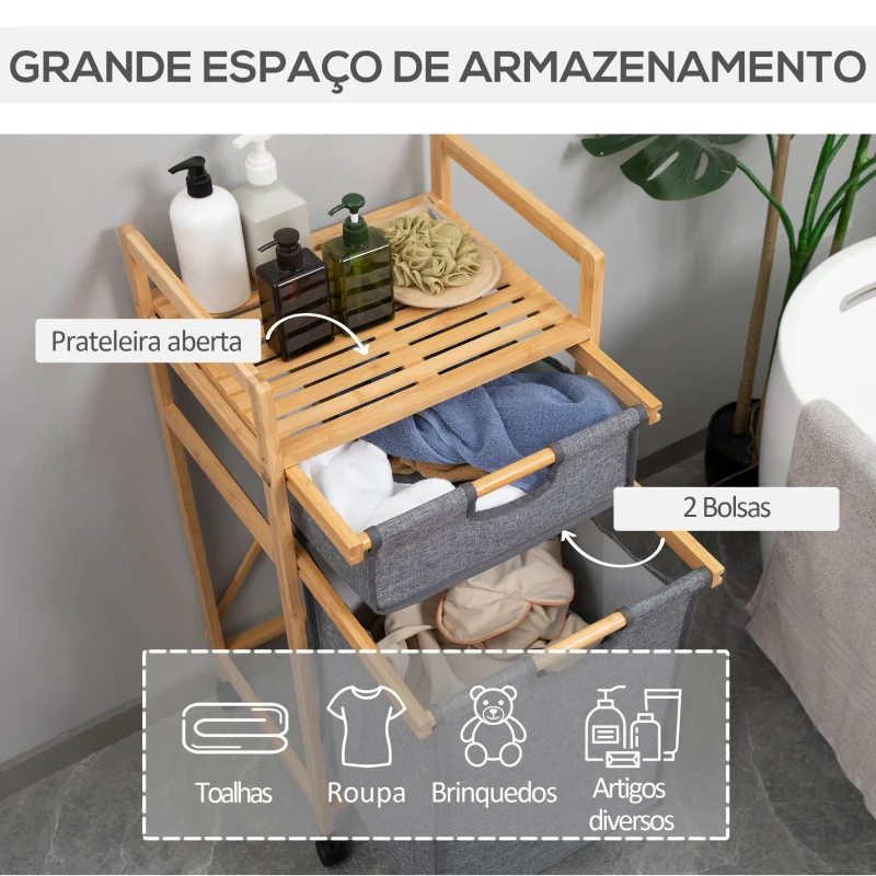 HOMCOM Cesto de Roupa de Bambu com 2 Bolsas de Tecido Amovíveis Prateleira Aberta 4 Rodas 42x35x84,5cm Cinza e Madeira
