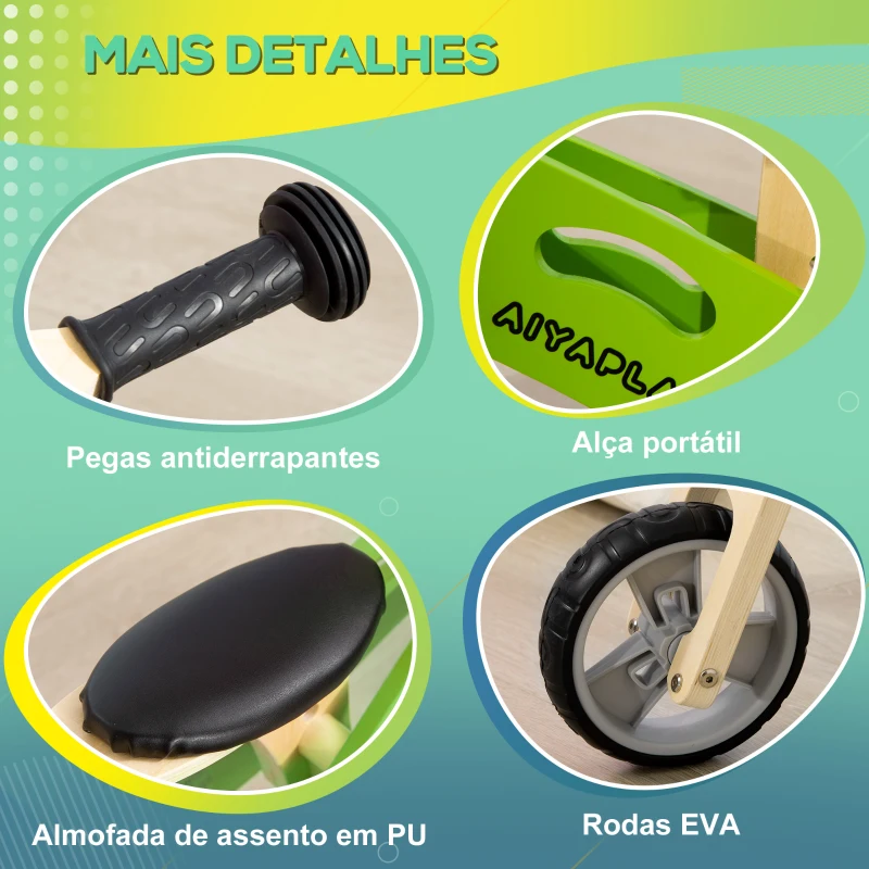 AIYAPLAY Bicicleta sem Pedais de Madeira 2 em 1 Triciclo Infantil com Assento Ajustável de 22-26cm  60x38x38cm Verde