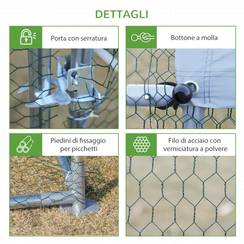 PawHut Pollaio per Galline Ovaiole da Esterno, Recinto per Galline e Conigli in Metallo Zincato con Copertura in Tessuto Impermeabile Anti-UV, 303.5x600x195cm Argento