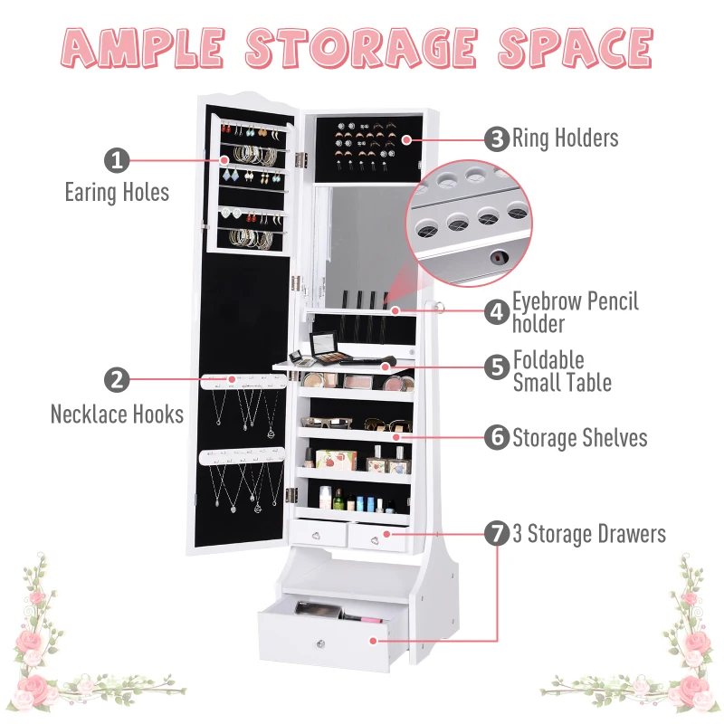 HOMCOM dulap pentru bijuterii, cu oglinda 45x36x150cm