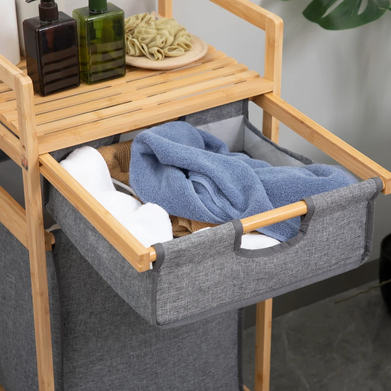 HOMCOM Cesto de Roupa de Bambu com 2 Bolsas de Tecido Amovíveis Prateleira Aberta 4 Rodas 42x35x84,5cm Cinza e Madeira