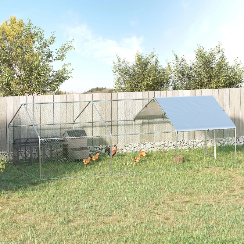 PawHut Pollaio per Galline Ovaiole da Esterno, Recinto per Galline e Conigli in Metallo Zincato con Copertura in Tessuto Impermeabile Anti-UV, 303.5x600x195cm Argento