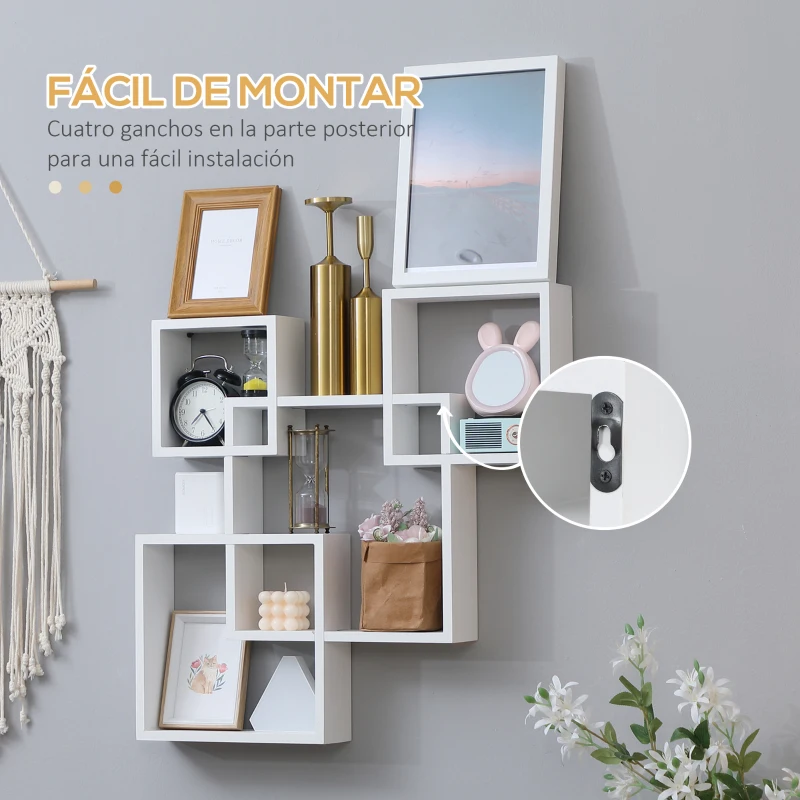 HOMCOM Estantería de Pared con 4 Cubos Estante Flotante de Madera para Salón  Estilo Moderno 65x10,2x64,5 cm Blanco