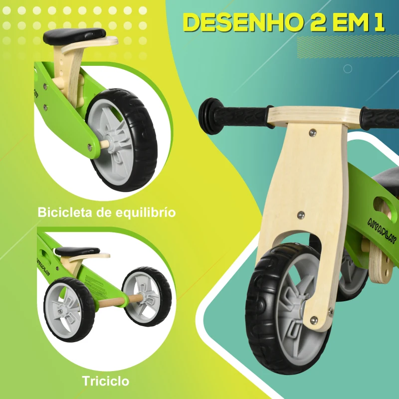 AIYAPLAY Bicicleta sem Pedais de Madeira 2 em 1 Triciclo Infantil com Assento Ajustável de 22-26cm  60x38x38cm Verde