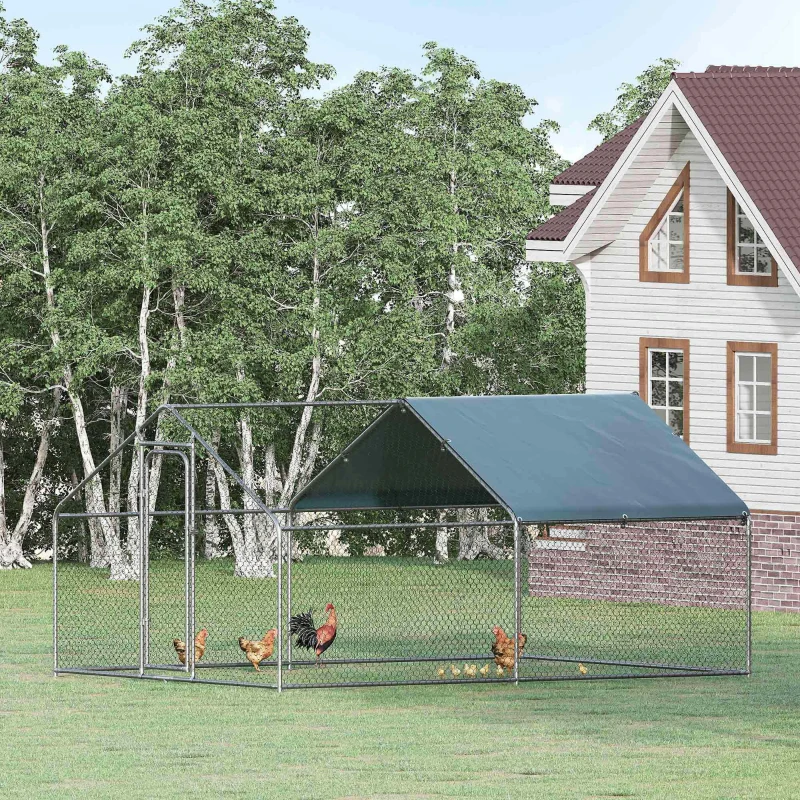 PawHut Recinto per Galline e Conigli in Metallo Zincato con Copertura in Tessuto Impermeabile Anti-UV, Pollaio per Galline Ovaiole da Esterno, 300x400x195cm