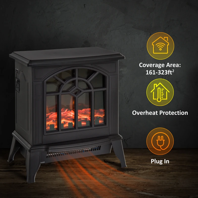 HOMCOM 1000W/2000W Freestanding Electrical Fireplace Indoor Heater Stove Log Wood LED Burning Effect Flame with Thermostat Control Black