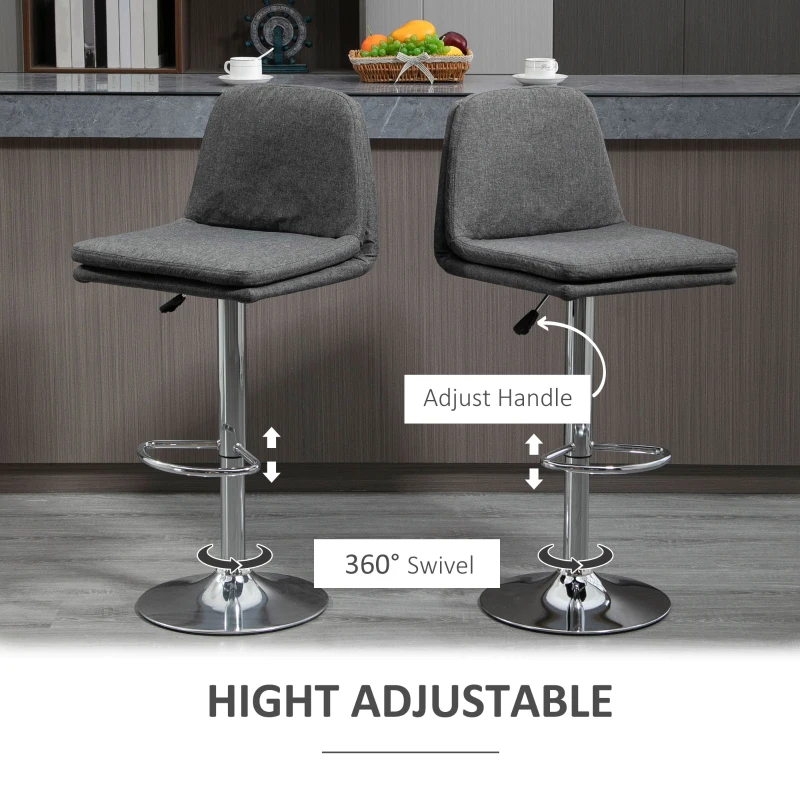 HOMCOM  Barstools Set of 2, Swivel Fabric Breakfast Kitchen Stools, Adjustable Bar Stools with Backs, Footrest for Home Pub