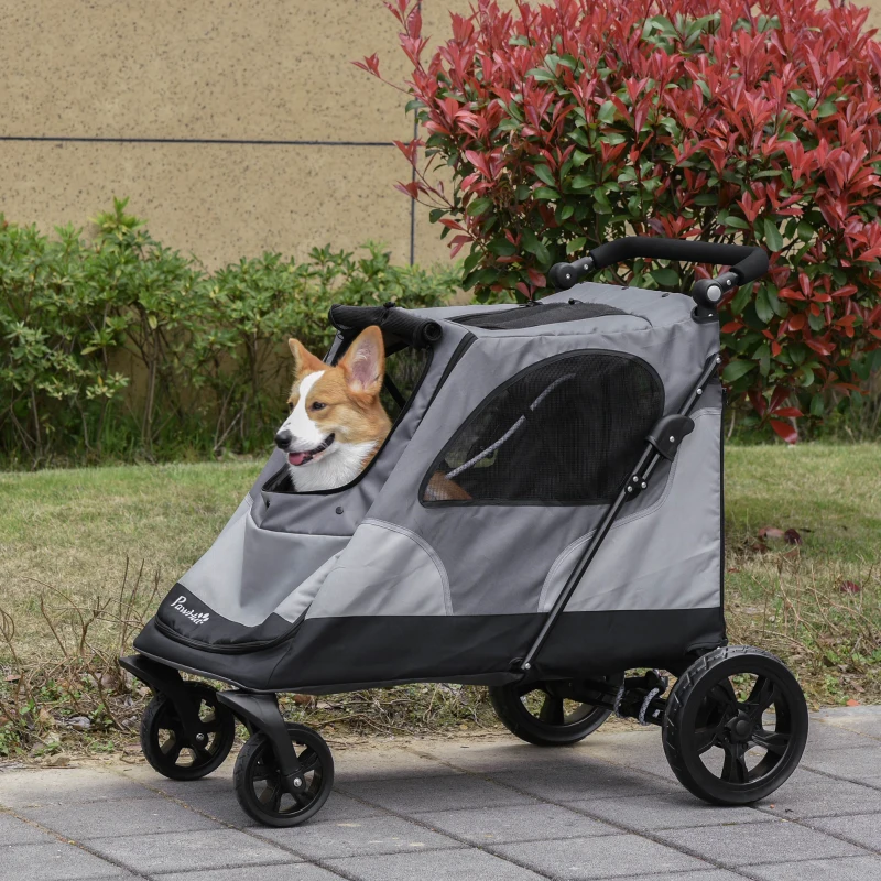 PawHut Hundebuggy Hundewagen mit 4 Räder Haustierbuggy für mittelgroße Hunde faltbar Oxford Grau 104,5 x 68,5 x 110 cm