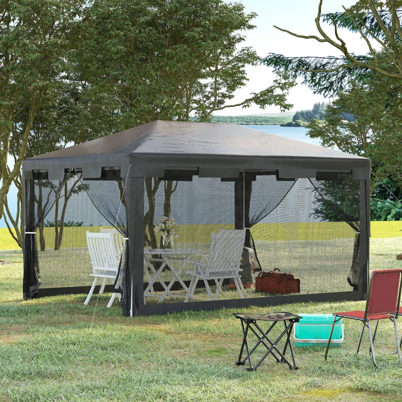 Outsunny Pavillon Partyzelt Gartenpavillon Gartenzelt Festzelt mit Seitenwänden Metall PE Weiß+Dunkelgrau+Schwarz 4 x 3 m