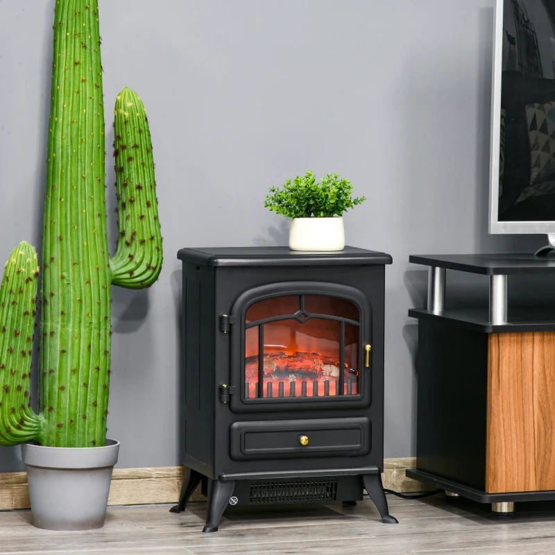 HOMCOM Freestanding Electric Fireplace Indoor Heater Glass View Log Wood Burning Effect Flame Portable Fireplace Stove 950/1850W Black