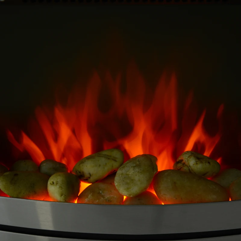 HOMCOM Installing Electric Fireplace, 2000W, Pebble Burning Effect Heater Fire Flame Indoor LED Lighting - Stainless Steel