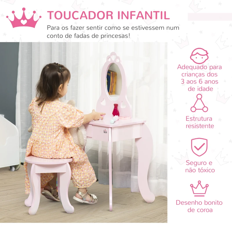 HOMCOM Toucador Infantil com Banco e Espelho Estilo Princesa Mesa de Maquilhagem Infantil com Gaveta 60x36x88cm Rosa