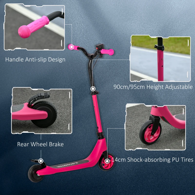 HOMCOM Electric Scooter, 120W Motor E-Scooter with Battery Display, Adjustable Height, Rear Brake for Ages 6+ Years - Pink