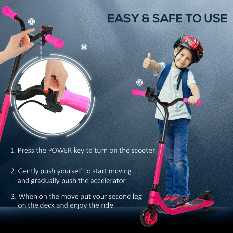 HOMCOM Electric Scooter, 120W Motor E-Scooter with Battery Display, Adjustable Height, Rear Brake for Ages 6+ Years - Pink