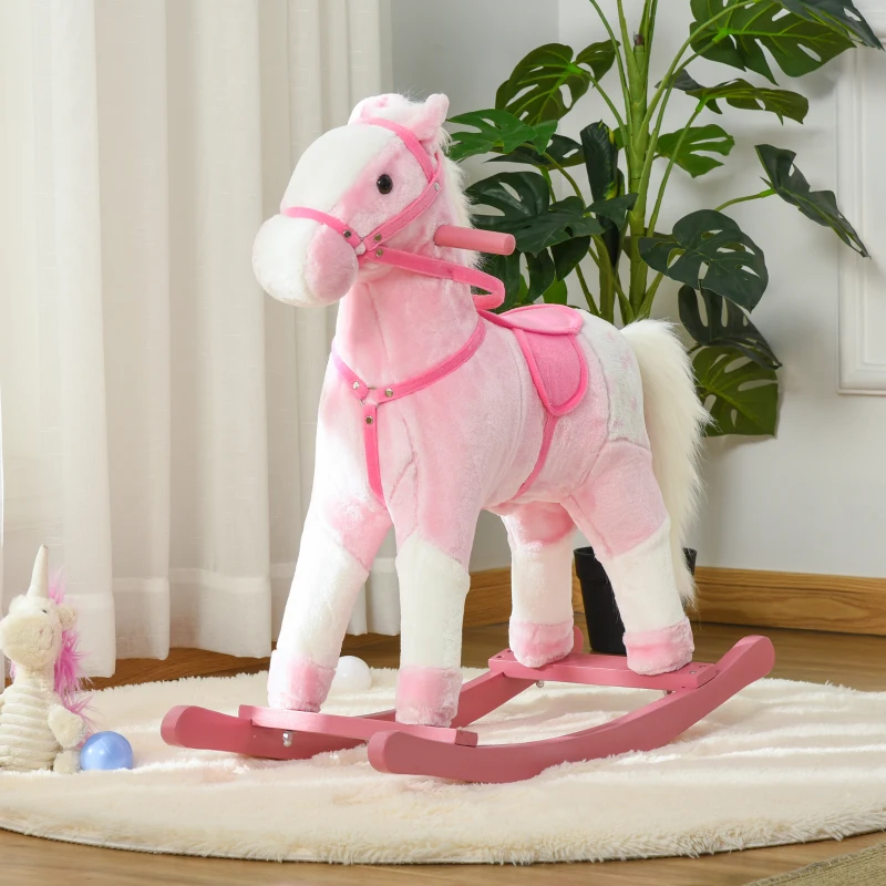HOMCOM Baby Rocking Horse Plush Ride on Animals Rocker with Sound Handle Grip for Kids 3-6 Years - Pink