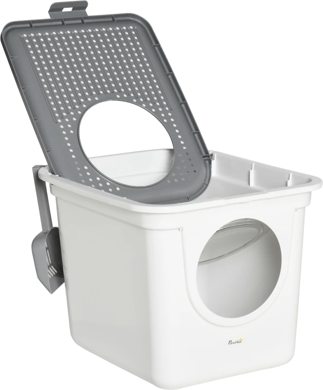 PawHut Cat Litter Box with with Front Entrance Top Exit, Enclosed Pet Toilet Kitten Pan with Scoop, White