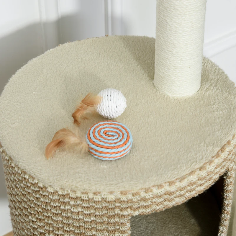 PawHut Drapak dla kota, Wielopoziomowy, z Miejscem do Wypoczynku, Beżowy i Kawa, Płyta Wiórowa, Plusz, Juta, 61x41x96 cm