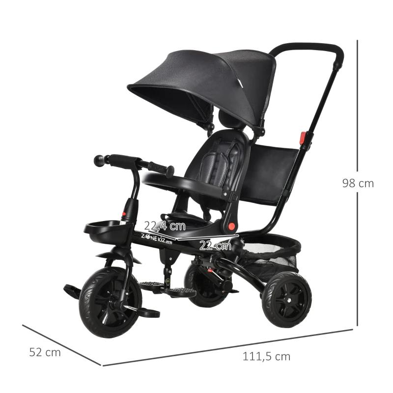 HOMCOM Dreirad mit Schubstange drehbarer Sitz 4-in-1 Kinderdreirad Kinder Fahrrad mit Sicherheitsgurt und Sonnendach Kinderauto Metall Polyester EVA Schwarz 111,5 x 52 x 98 cm