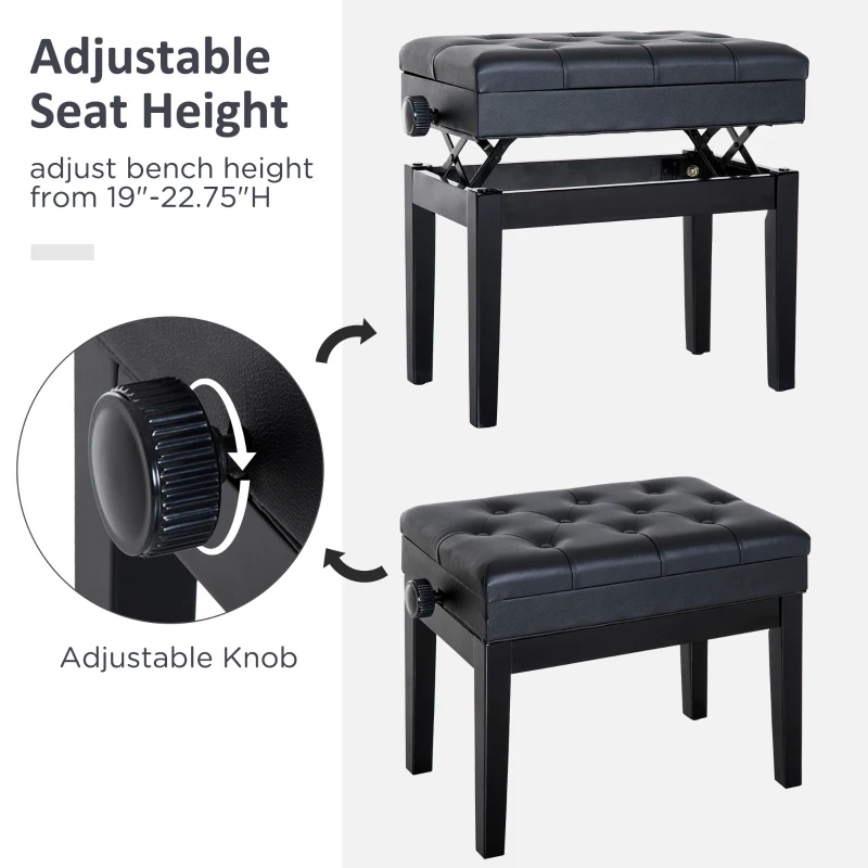 HOMCOM Scaun Băncuță pentru Pian cu compartiment depozitare, înălțime reglabilă 54.5x33x48-58cm, Negru,