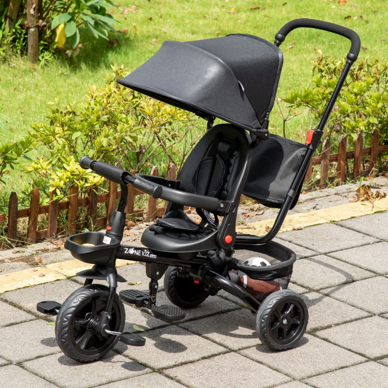 HOMCOM Dreirad mit Schubstange drehbarer Sitz 4-in-1 Kinderdreirad Kinder Fahrrad mit Sicherheitsgurt und Sonnendach Kinderauto Metall Polyester EVA Schwarz 111,5 x 52 x 98 cm