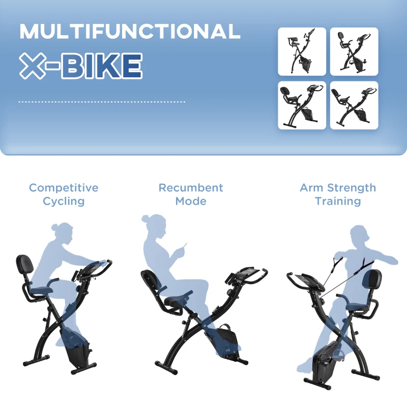 HOMCOM 2-in-1 Folding Exercise Bike with 8-Level Magnetic Resistance, Arm Resistance Band, Pulse Sensor, Black(m-8)