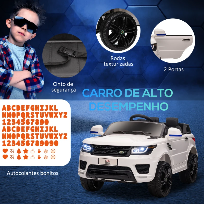 HOMCOM Carro Elétrico SUV Infantil 12V com 2 Motores Controlo Remoto Faróis Buzina Bluetooth Música USB e Abertura de Porta 3-5km/h 110x68x52cm Branco