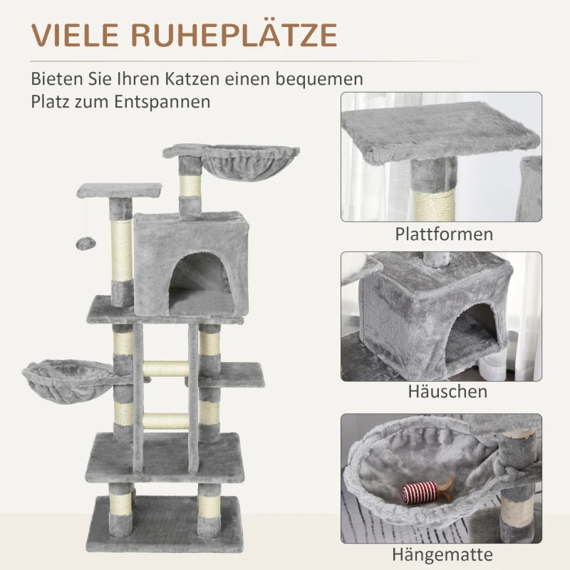 PawHut Kratzbaum mit Katzenhöhle Hängematte Mehrstufiger Katzenbaum Katzenkratzbaum Kletterbaum für Katzen Kratzmöbel Sisal Grau 80 x 55 x 125 cm