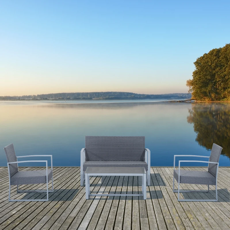 Outsunny Polyrattan Sitzgarnitur für 4 Personen Sitzgruppe Gartenset Gartenmöbel Set Metall Grau