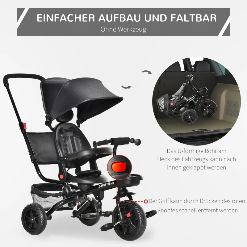 HOMCOM Dreirad mit Schubstange drehbarer Sitz 4-in-1 Kinderdreirad Kinder Fahrrad mit Sicherheitsgurt und Sonnendach Kinderauto Metall Polyester EVA Schwarz 111,5 x 52 x 98 cm