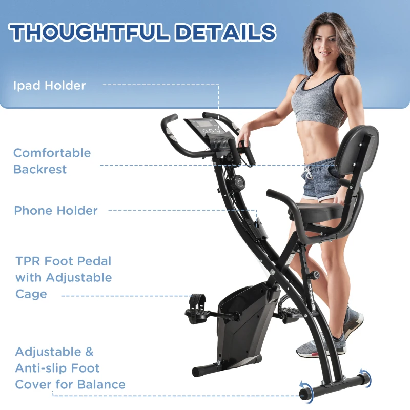 HOMCOM 2-in-1 Folding Exercise Bike with 8-Level Magnetic Resistance, Arm Resistance Band, Pulse Sensor, Black(m-9)