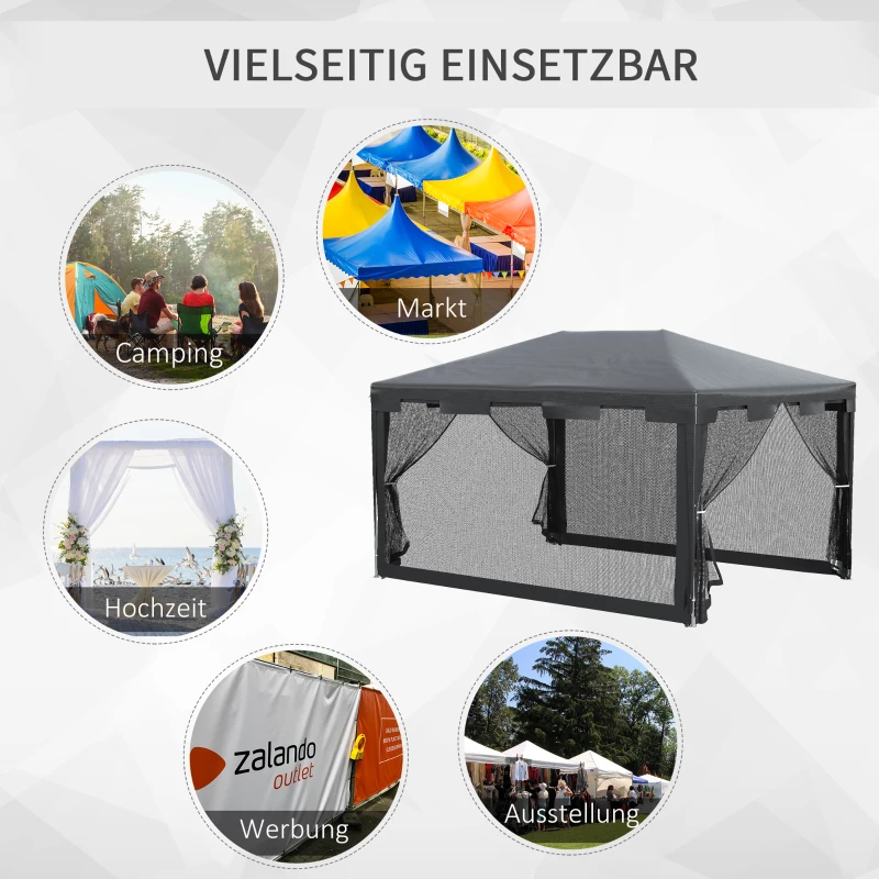 Outsunny Pavillon Partyzelt Gartenpavillon Gartenzelt Festzelt mit Seitenwänden Metall PE Weiß+Dunkelgrau+Schwarz 4 x 3 m
