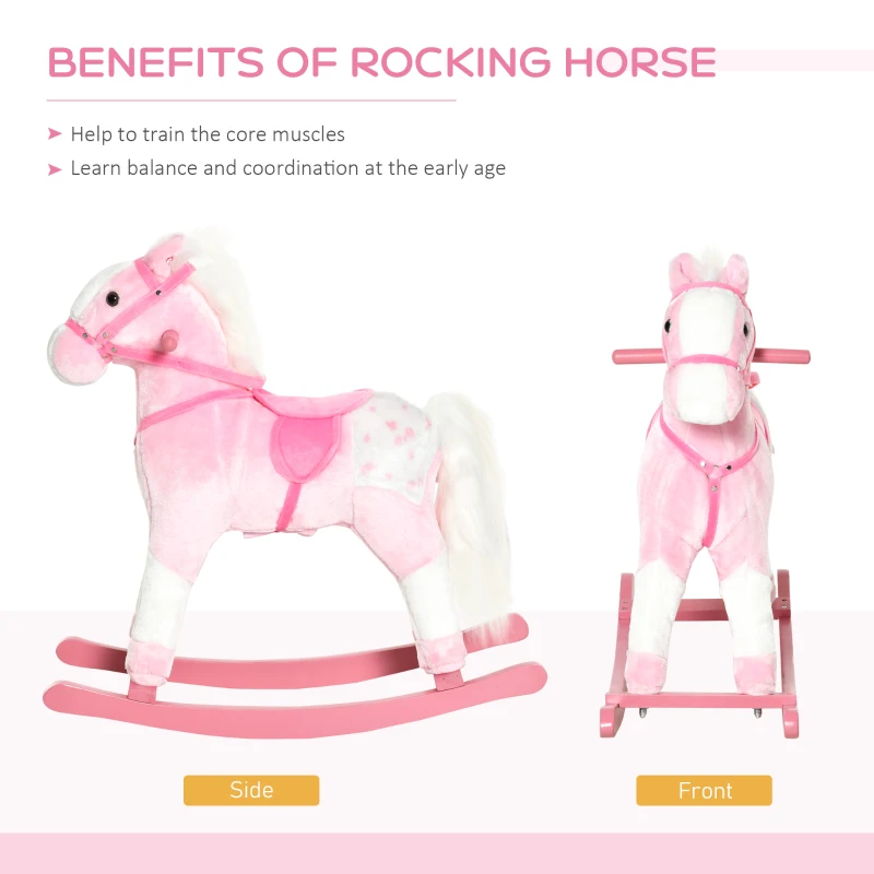 HOMCOM Baby Rocking Horse Plush Ride on Animals Rocker with Sound Handle Grip for Kids 3-6 Years - Pink