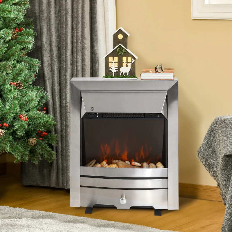 HOMCOM Installing Electric Fireplace, 2000W, Pebble Burning Effect Heater Fire Flame Indoor LED Lighting - Stainless Steel