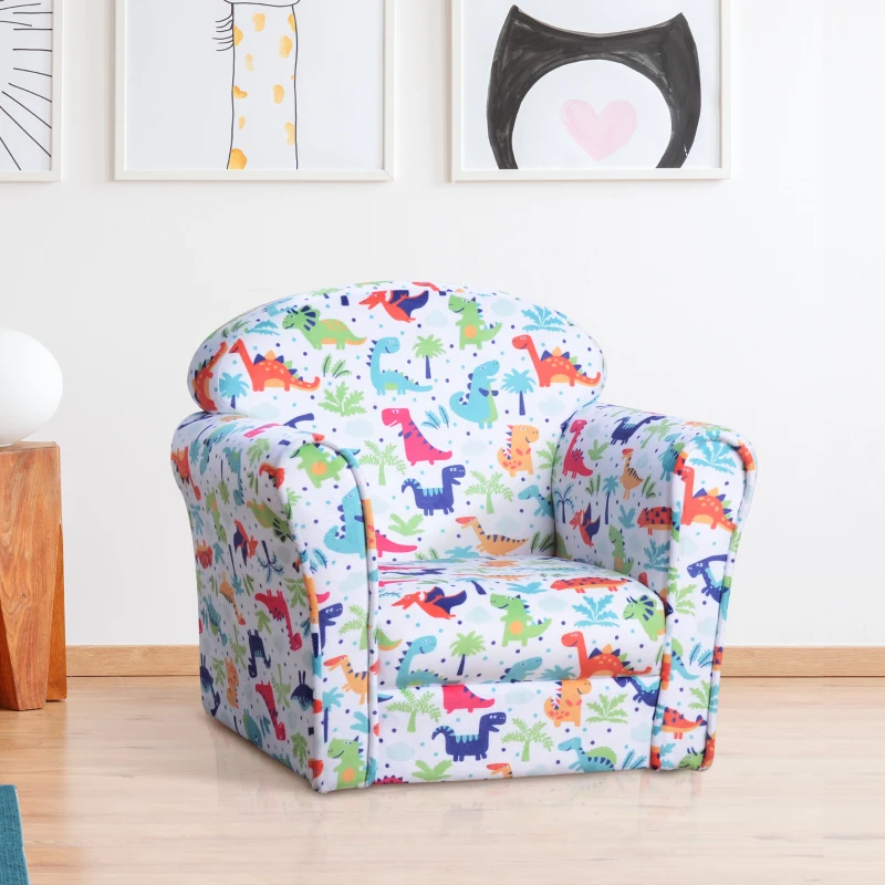HOMCOM Children Armchair Kids Sofa Tub Chair Seat Cartoon Dinosaur Pattern Bedroom Wooden Frame Non-slip Seater