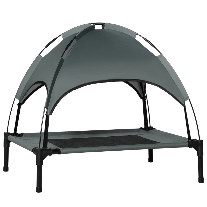 PawHut Haustierbett mit Baldachin, Erhöhtes Hundebett, Hundeliege outdoor mit Dach, Atmungsaktiv, Taftstoff Grau 76 x 61 x 73 cm
